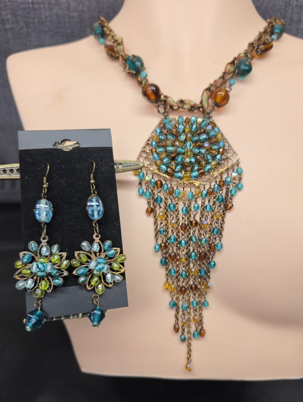 Vintage Boho Glass Bead Statement Necklace & Earrings Set